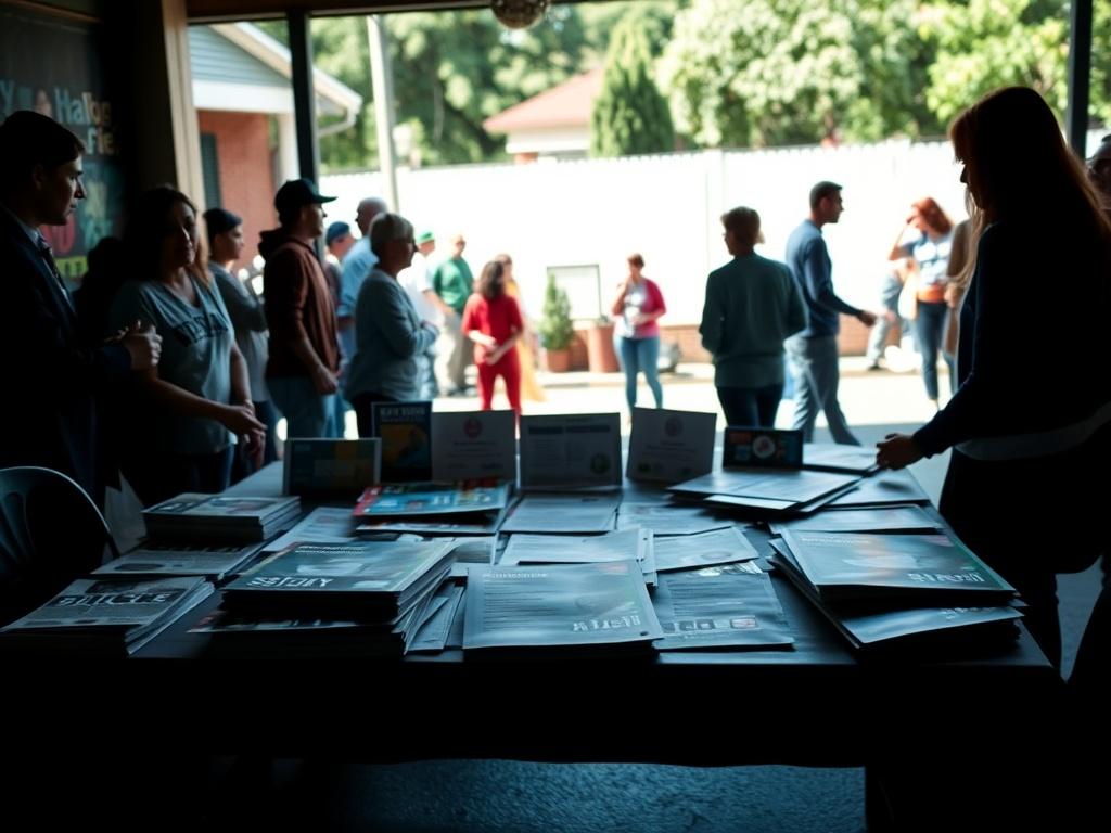 A high-resolution photo of a Neighborhood Watch Materials Kit spread out on a table, featuring brochures, posters, and community engagement tools. The setting should have a vibrant community backdrop, showcasing a neighborhood gathering.
