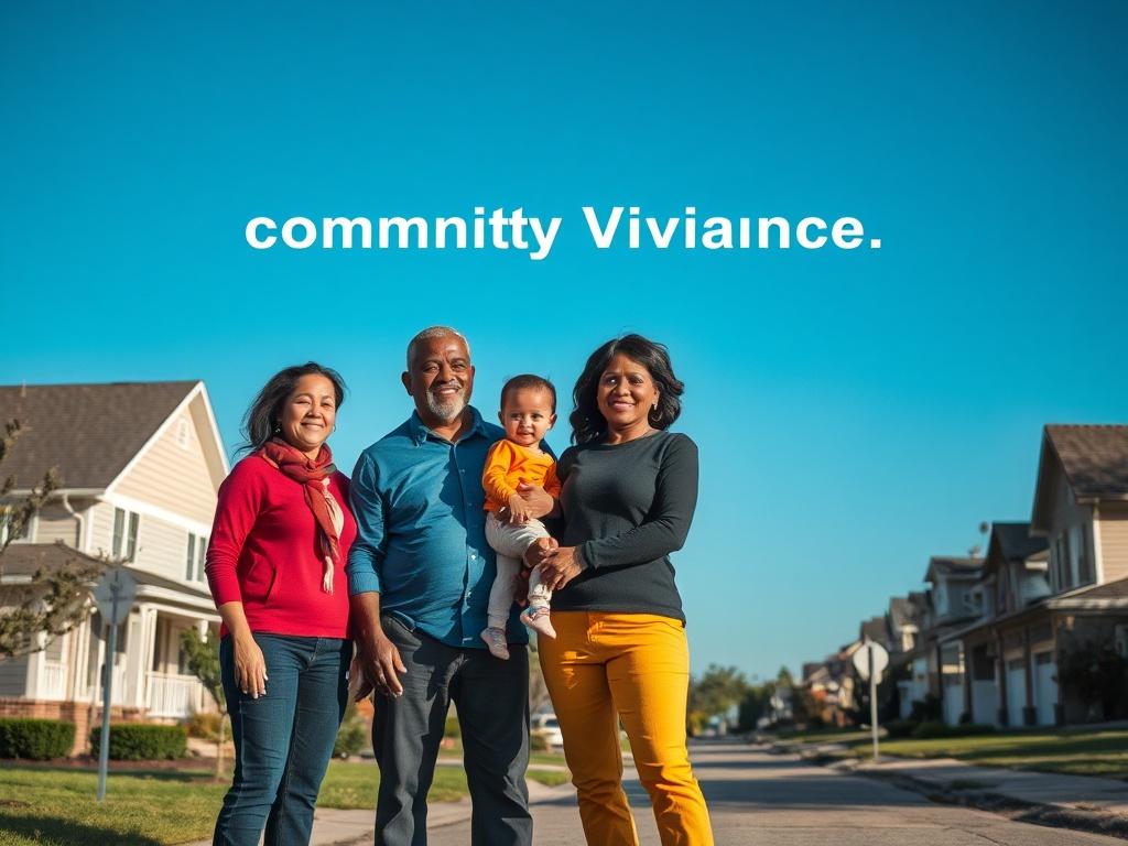 Create a realistic high-resolution photo that reflects the theme of "The Importance of Community Vigilance." The composition should be simple and clear, focusing on a single subject: a diverse group of community members—two adults and one child—standing together in a suburban neighborhood. The adults should represent different backgrounds and genders, showcasing unity and collaboration within the community.

Position the group prominently in the foreground, with expressions of alertness and camaraderie, as 