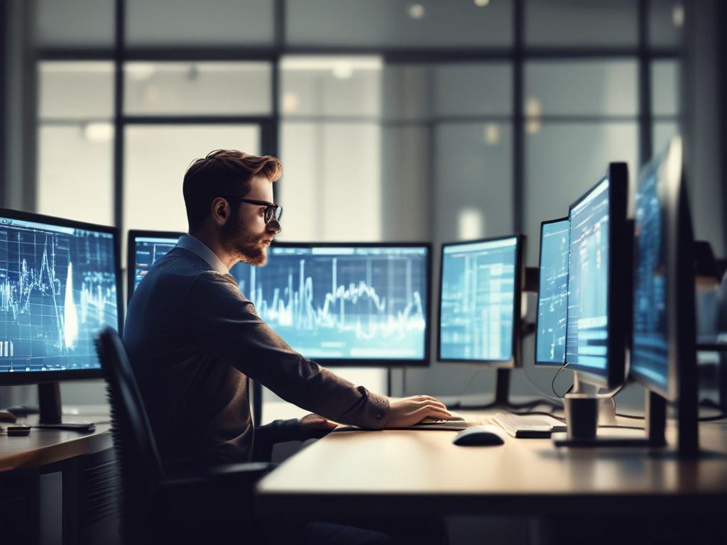 A close-up shot of a confident IT professional working at a desk, focused on dual monitors displaying complex code and data analytics. The setting is modern and well-lit, with a blurred background of a tech office environment. The subject is dressed in business-casual attire, showcasing a sense of professionalism and expertise. The overall color palette matches the primary color #062767, creating a cohesive and modern look.