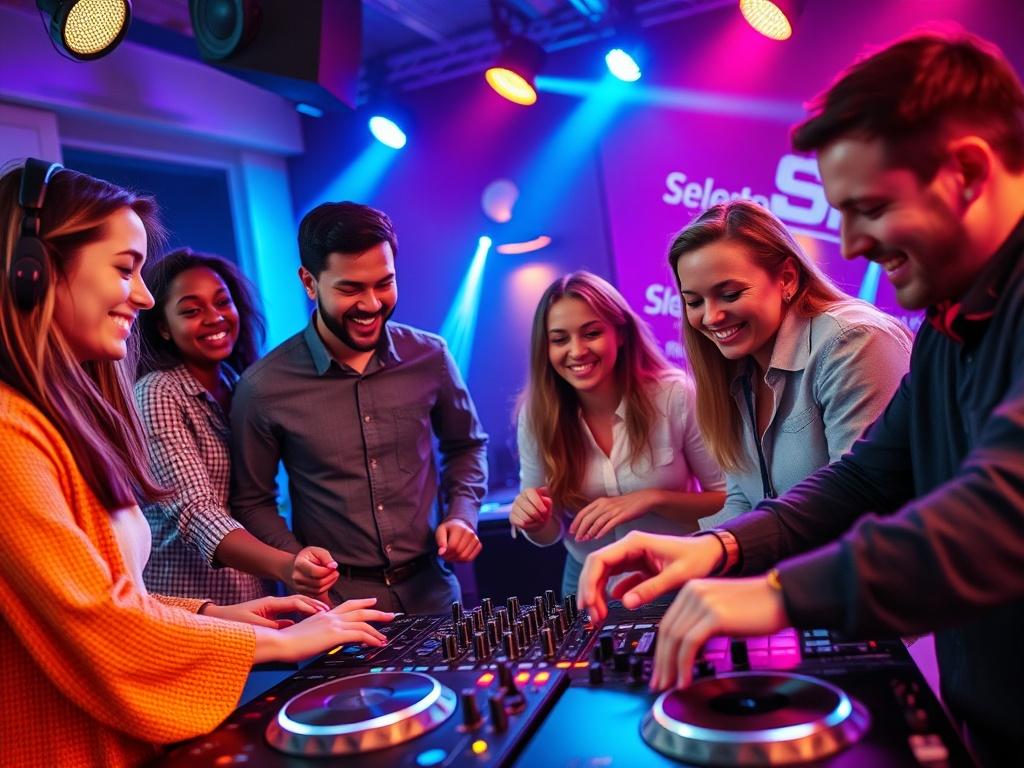 A lively close-up shot of a corporate team participating in a DJ workshop at Selected Grooves. The image showcases diverse team members collaborating around DJ equipment, smiling and focused as they learn to mix music together. The energetic atmosphere highlights teamwork and creativity, with vibrant studio lighting enhancing the scene.