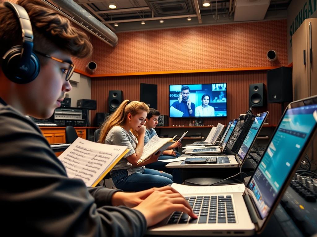 A focused close-up shot of a music theory classroom at Selected Grooves, featuring students engaged in learning with their laptops and music sheets. The room displays a mix of professional music equipment like keyboards and monitors, with an inspiring atmosphere. Bright lighting highlights the faces of the students, emphasizing their concentration and creativity.
