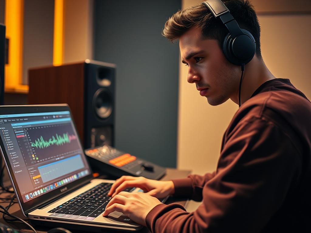A vibrant close-up shot of a student working on music production in a modern studio setup at Selected Grooves. The image captures the student’s focused expression while using the Ableton Live software on a laptop, surrounded by professional equipment like KRK monitors and an Ableton Push 2 controller. The studio environment is dynamic and inspiring.