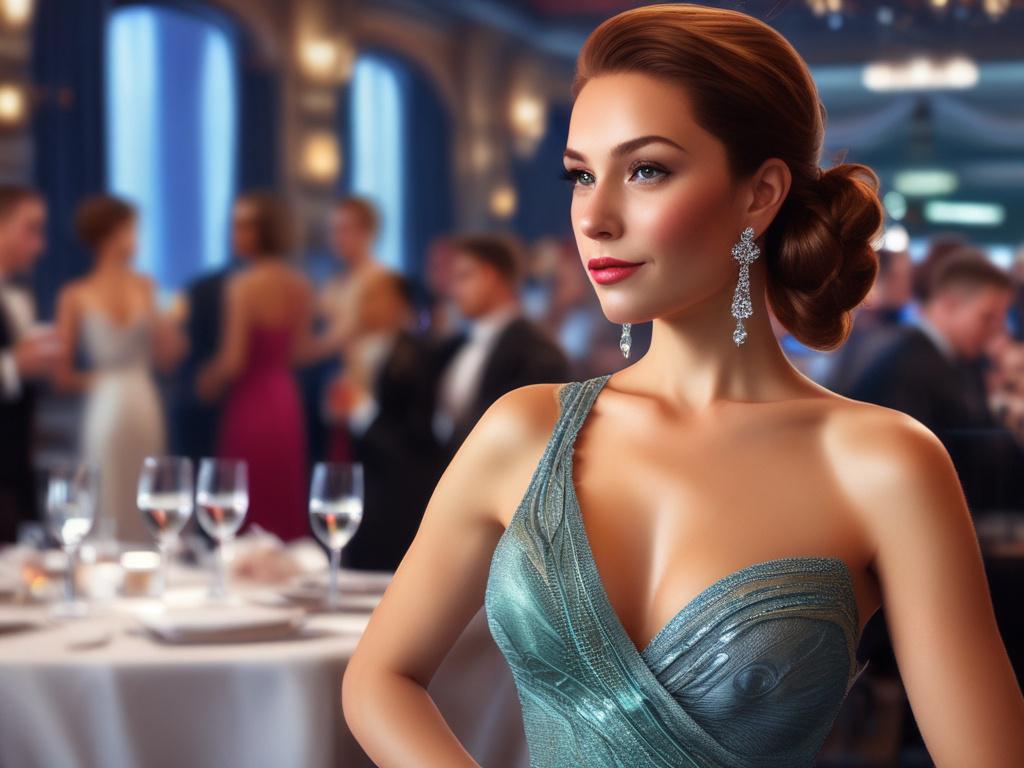 A glamorous female escort attending a high profile event, dressed