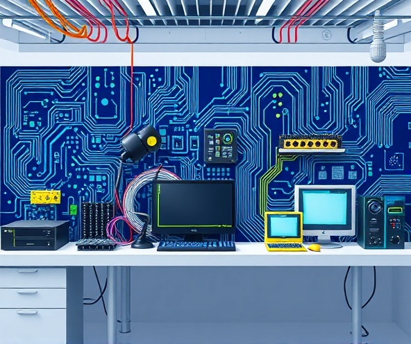 Electronics workspace with circuit boards and components