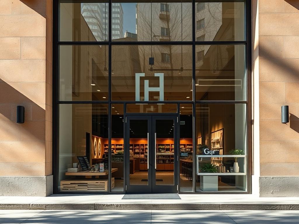 A modern commercial storefront with large glass windows and a sleek entrance door, showcasing a vibrant business interior. The image captures the professionalism and inviting nature of the storefront, framed by stylish architectural features. Natural light floods the space, enhancing the clarity and appeal of the glass.