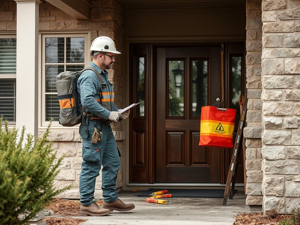 An emergency technician arriving at a property to assess glass damage, with tools and materials ready for repair. The scene depicts urgency and professionalism, showcasing the technician's focused approach amidst a residential or commercial setting. Soft, natural colors evoke a sense of trust and reliability.