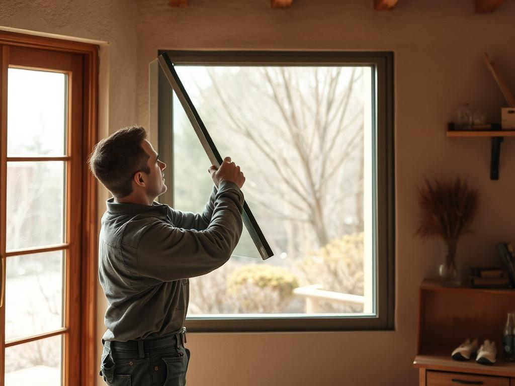 A skilled technician carefully installing a glass window in a residential setting. The scene features a sunlit room with a rustic aesthetic, showcasing the technician in action as they handle the glass pane with precision. The background includes soft earth tones and natural textures, creating a warm and inviting atmosphere.