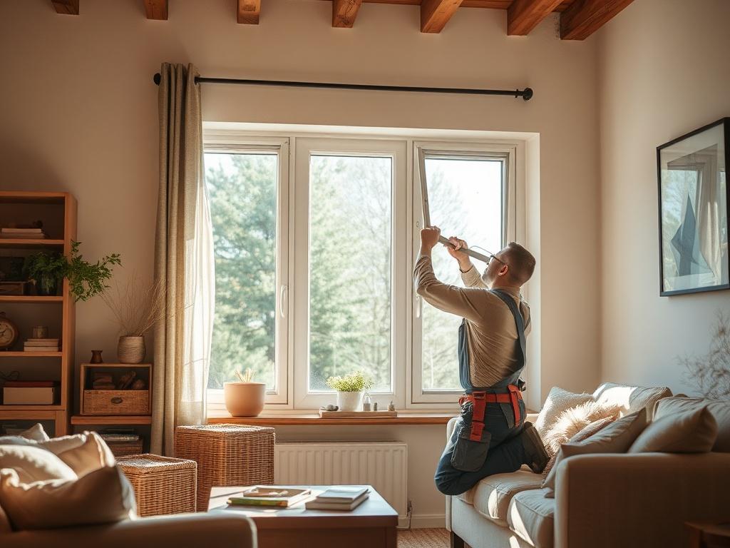 A professional technician repairing a broken window in a cozy living room. The room features warm tones, natural light streaming through the window, and a comfortable, inviting atmosphere. The technician is focused on the task, showcasing attention to detail and expertise.
