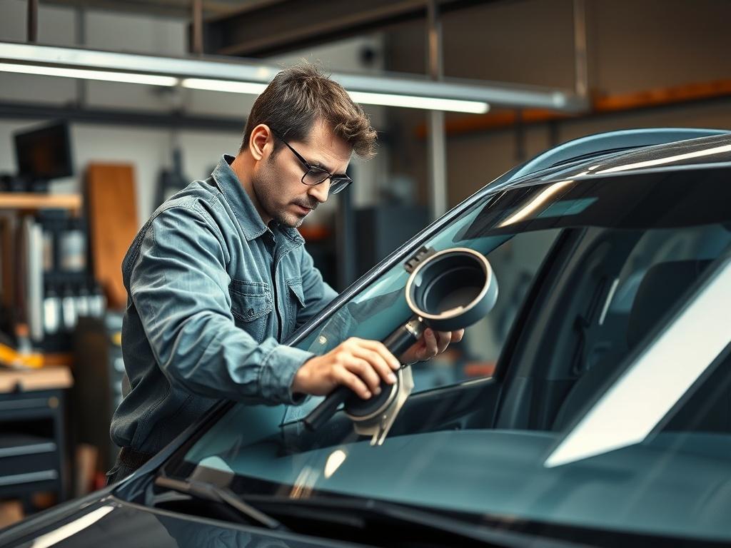 A skilled technician replacing a windshield on a car in a well-lit workshop. The focus is on the technician's careful movements and the high-quality materials being used. The background shows tools and equipment related to auto glass replacement.