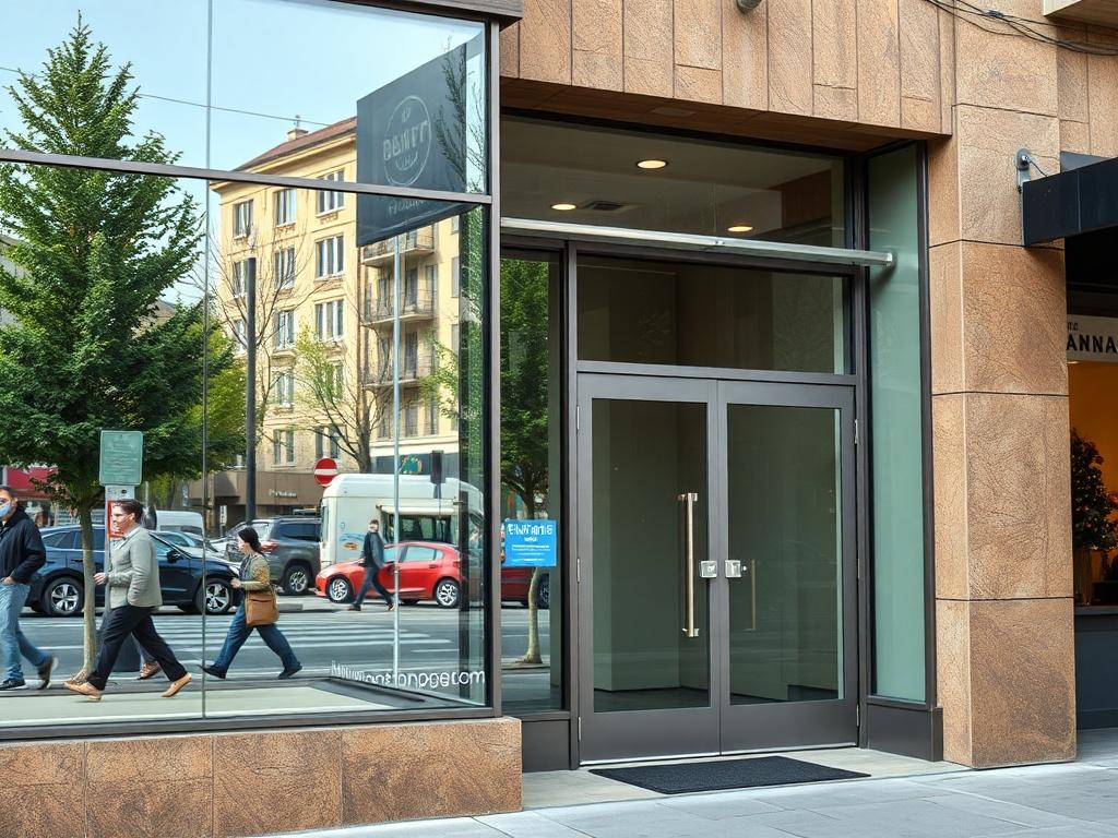 A sleek storefront with large glass windows and an inviting entrance door. The scene shows a bustling street with pedestrians, highlighting the professional appearance of the business. The glass is clean and clear, reflecting the vibrant surroundings.