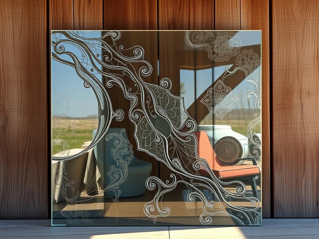 A single custom glass panel showcasing intricate designs and textures, elegantly displayed against a natural wooden backdrop. The glass reflects sunlight, creating beautiful patterns, while the rustic setting adds warmth and character to the composition. The image should evoke a sense of artistry and craftsmanship, highlighting the beauty and versatility of custom glass projects.