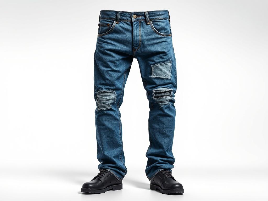 A pair of stylish hip hop jeans displayed against a clean, minimalistic backdrop. The jeans should showcase unique detailing, such as distressed patches and a relaxed fit. The fabric should appear high-quality and vibrant in color. The composition should focus solely on the jeans, highlighting their features without any distractions in the background.