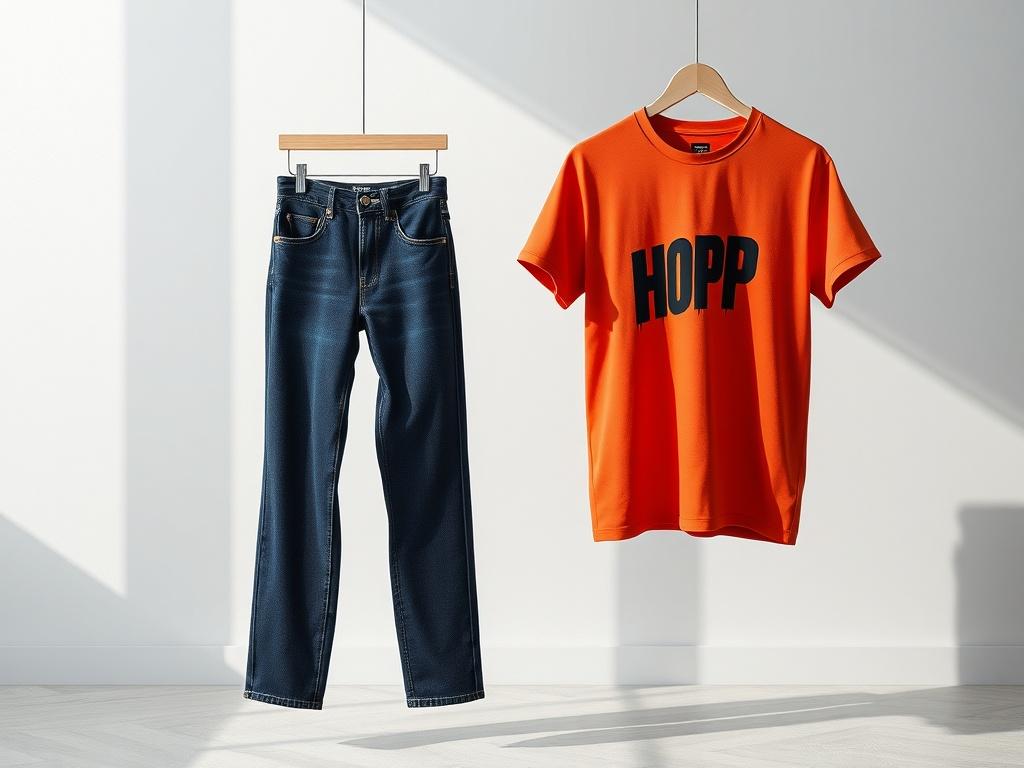A realistic high-resolution photo of a stylish jeans and t-shirt set displayed against a simple, minimalistic backdrop. The jeans should be dark blue with a modern fit, and the t-shirt should be a vibrant color, featuring a bold hip hop-inspired graphic. The focus should be on the clothing details, showing texture and fabric quality, with clean lines and a bright, inviting atmosphere.