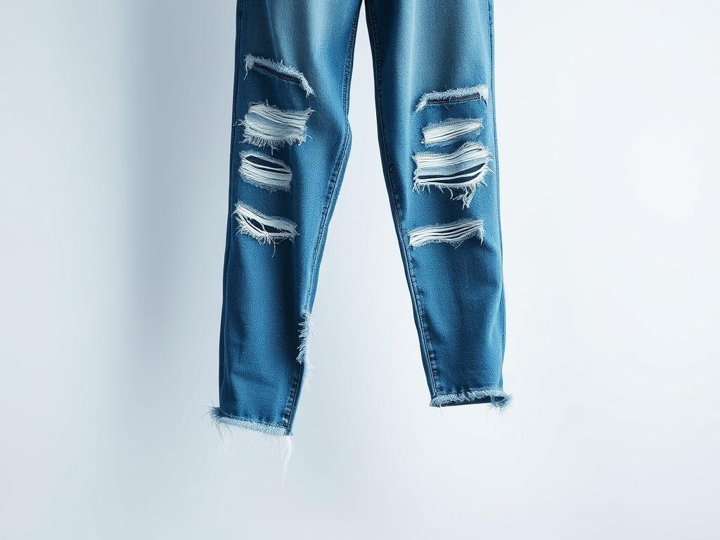 A pair of torn blue jeans displayed against a minimalistic background. The jeans should showcase various rips and frayed hems, emphasizing their edgy style. The fabric should appear high-quality with a rich blue color, capturing the light to highlight texture and detail. The composition should focus solely on the jeans, with clean lines and a vibrant color palette that complements the overall aesthetic.