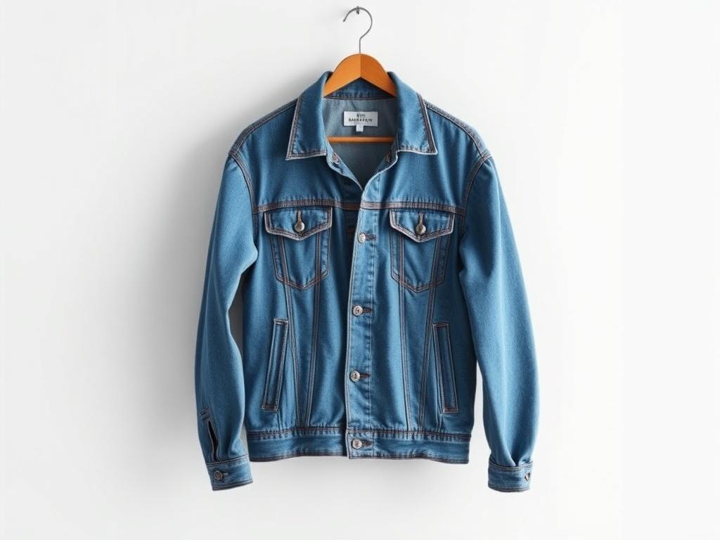 A realistic high-resolution photo of a stylish jean jacket, designed for hip hop fashion, hanging on a minimalist hanger. The jacket should feature a classic cut with visible stitching and pockets, in a vibrant blue denim color. The background should be soft and neutral, emphasizing the jacket's bold colors and clean lines without any distractions.