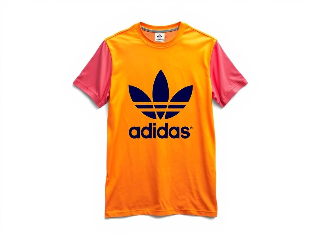 A realistic high-resolution photo of an Adidas T-shirt, showcasing its vibrant colors and modern design. The shirt should be displayed on a plain background to emphasize its features, with a focus on the iconic Adidas logo. The composition should be minimalistic with clean lines, capturing the essence of hip hop fashion.