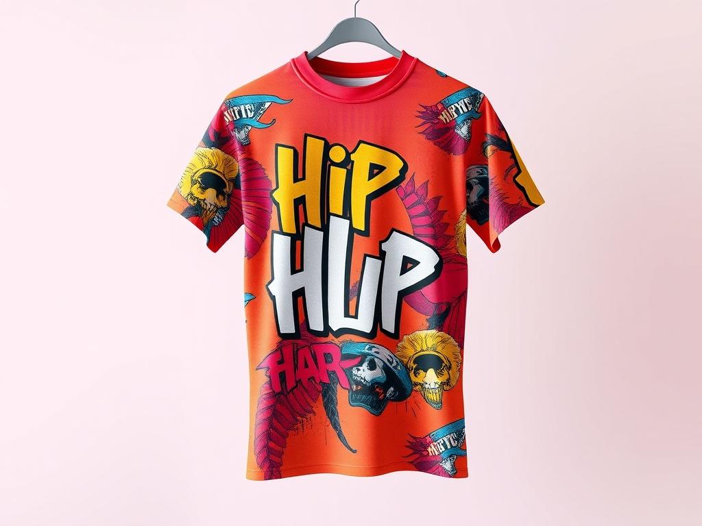 A vibrant graphic T-shirt displayed against a minimalistic backdrop. The shirt features bold, colorful prints that showcase hip hop culture. The composition should focus solely on the T-shirt, highlighting its design and texture in high resolution. The background should be clean and simple, allowing the colors of the T-shirt to pop. Use bright, eye-catching colors that resonate with the hip hop aesthetic, and ensure the shirt is positioned to emphasize its stylish appeal.