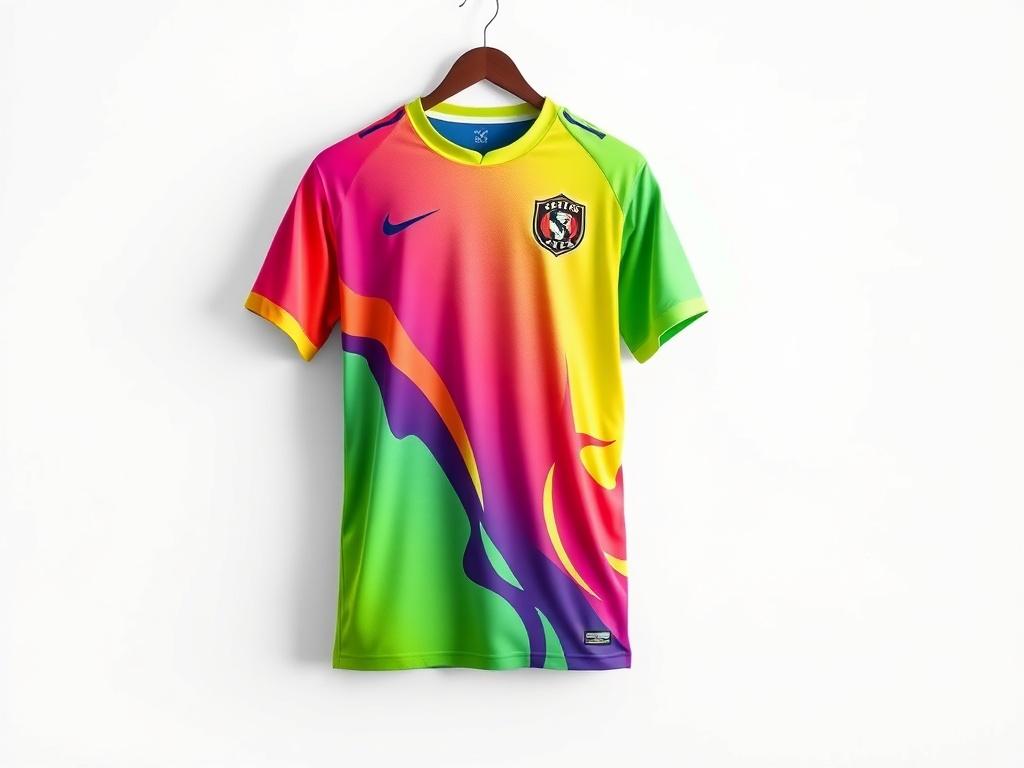 A vibrant soccer jersey displayed on a simple, clean background. The jersey features bold colors and a stylish design, emphasizing its connection to hip hop fashion. The fabric looks high-quality and breathable, draping naturally. The overall composition is minimalistic with a focus on the jersey, showcasing its unique features in photorealistic detail.