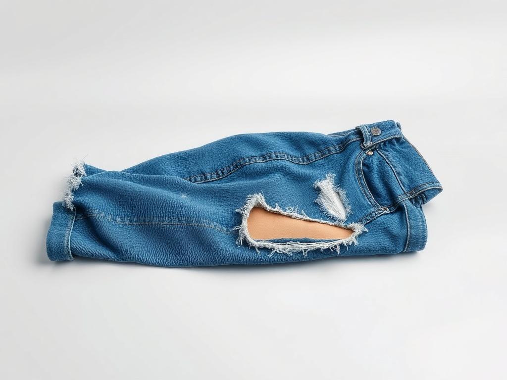 A single pair of torn blue jeans displayed against a minimalistic background. The jeans should be laid flat, showcasing the distressed details and unique rips. Use vibrant lighting to highlight the texture of the denim and the torn parts. The background should be simple and clean, emphasizing the jeans as the focal point of the image.