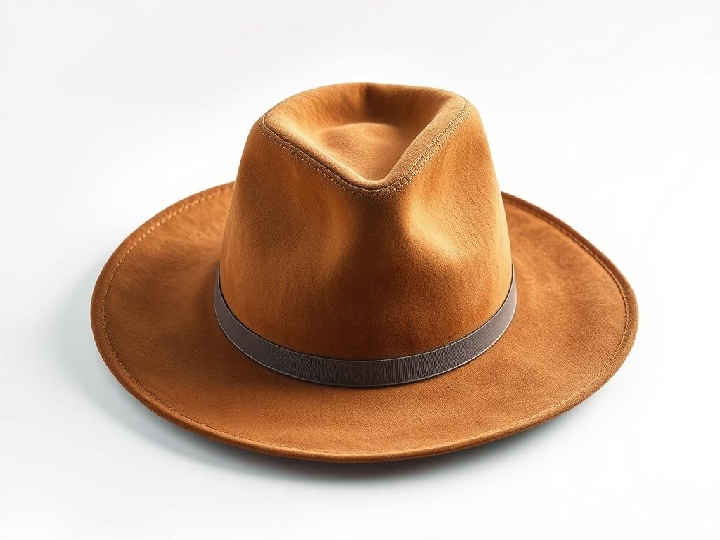 A realistic high-resolution photo of a stylish suede cowboy hat placed on a clean white background. The hat should be the only subject in the image, showcasing its textured suede material and classic cowboy silhouette. The composition should be minimalistic with clean lines and bold vibrant colors that complement the hat, focusing solely on the details of the hat without any distractions.