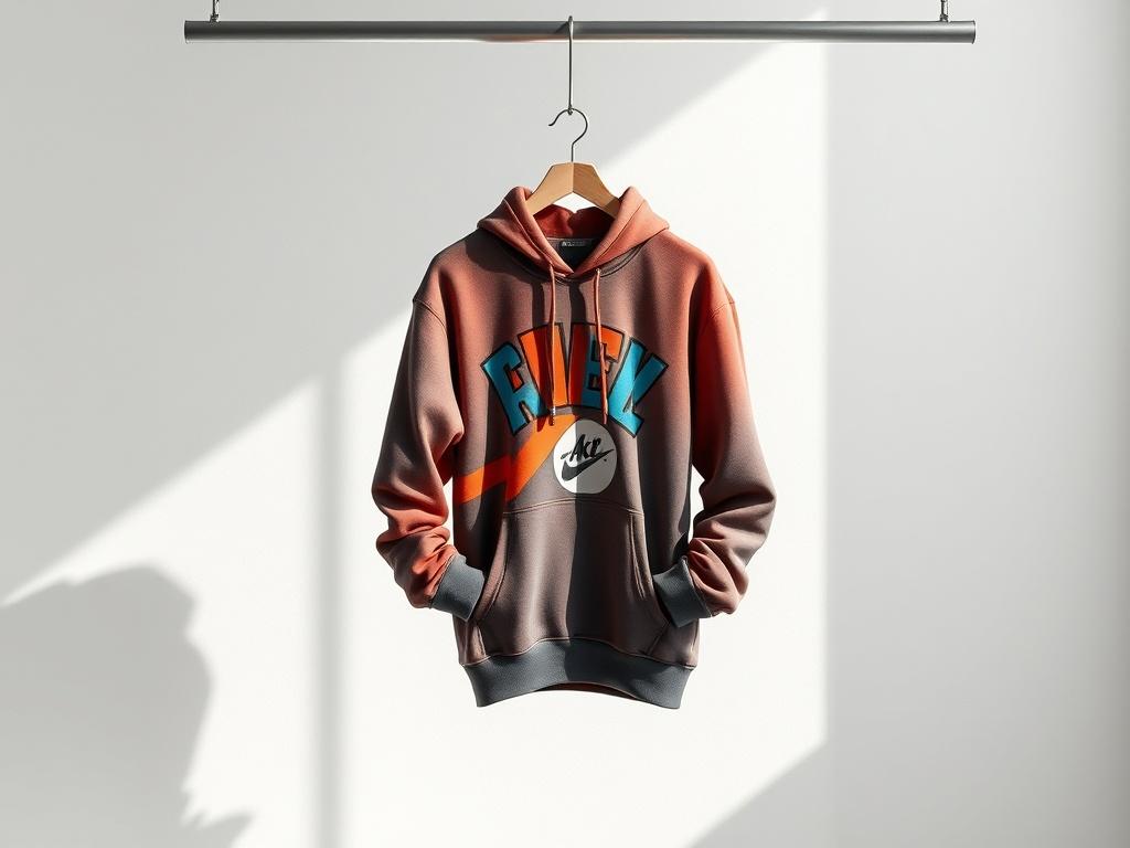 A realistic high-resolution photo of an Urban Streetwear Hoodie hanging on a minimalist clothing rack. The hoodie is made of soft fabric, showcasing bold graphics in vibrant colors. The background is a simple, clean white wall to emphasize the hoodie, with natural light highlighting the details and texture of the fabric. The composition focuses solely on the hoodie, with no other items or distractions in the frame.