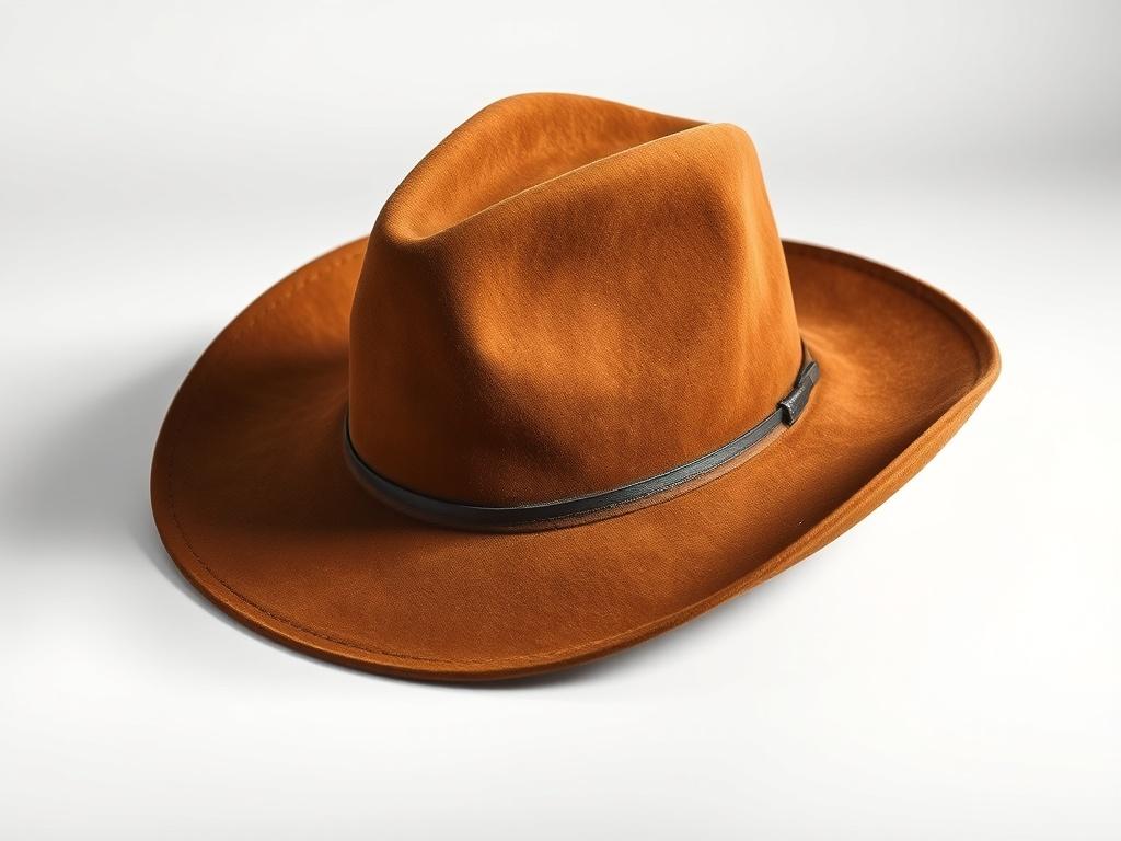 A realistic high-resolution photo of a stylish suede cowboy hat, presented on a minimalist background. The hat should be the only subject in the image, showcasing its luxurious texture and bold design. The composition should emphasize the hat's details, including the clean lines and vibrant colors, without any distractions or additional elements.