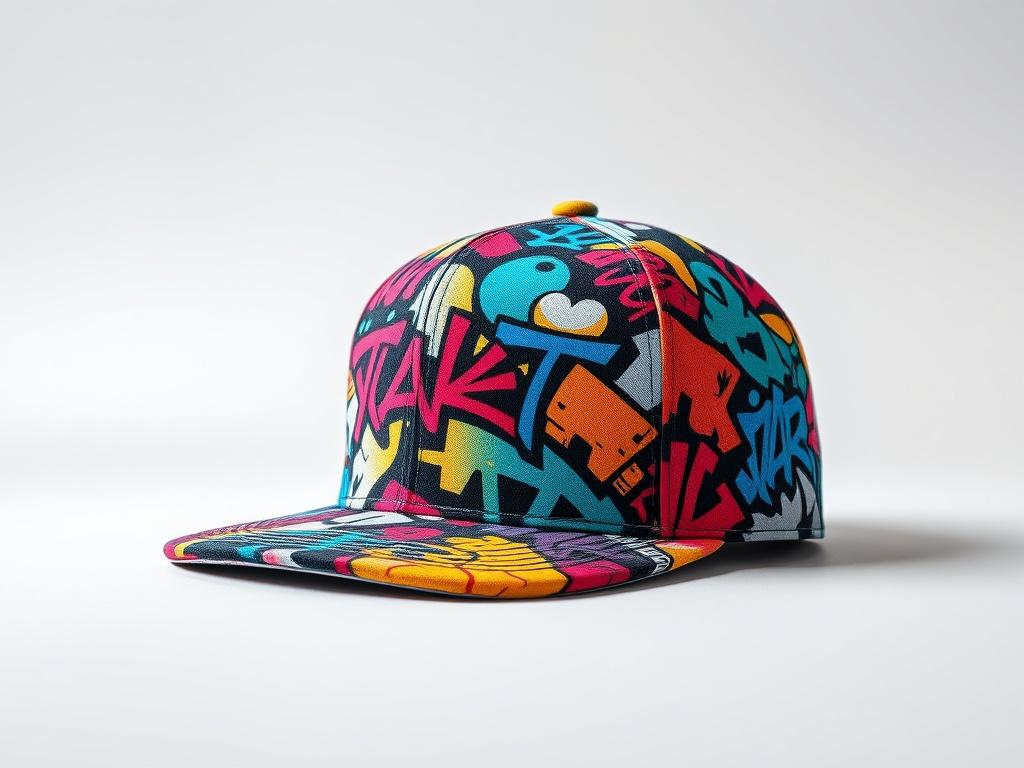 A realistic high-resolution photo of a Graffiti Print Snapback Cap featuring a vibrant, colorful graffiti-inspired design. The cap is centered in the image against a simple, clean background that highlights the cap's unique patterns. The lighting is bright, showcasing the details of the cap, with an emphasis on its structure and fabric quality.
