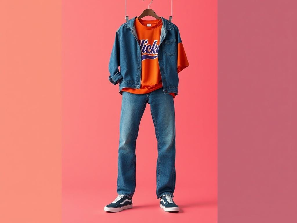 A realistic high-resolution photo of a stylish jeans and t-shirt set displayed on a minimalistic background. The jeans should be a classic blue denim, fitted and trendy, while the t-shirt should be a bold color with a hip hop-inspired graphic. The composition should focus solely on the outfit, showcasing the quality of the fabric and the urban style. The background should be simple and clean, with vibrant colors that complement the jeans and t-shirt.