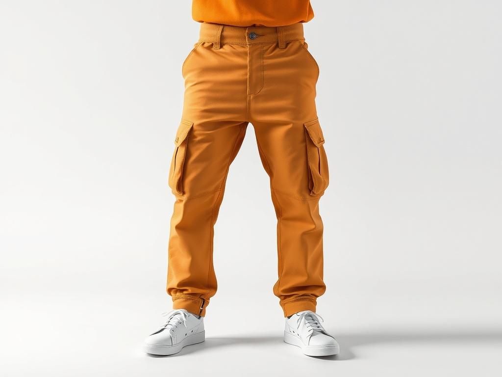 A pair of baggy cargo pants displayed on a clean, minimalistic background. The pants are the central focus, showcasing their relaxed fit and multiple pockets. The fabric appears high-quality and breathable, with a bold, vibrant color that stands out. The setting should be simple and uncluttered, emphasizing the pants' design and style.