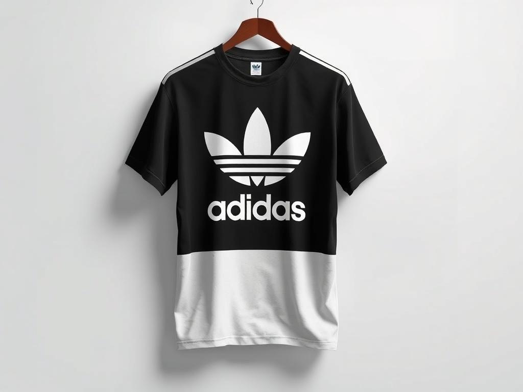 A realistic high-resolution image of a stylish Adidas T-shirt displayed on a clean, minimalistic background. The T-shirt is prominently featured, showcasing its trendy design and iconic Adidas logo. The colors are bold and vibrant, emphasizing the hip hop fashion appeal. The composition is simple, with the T-shirt as the sole subject, allowing for a clear view of its details and style.