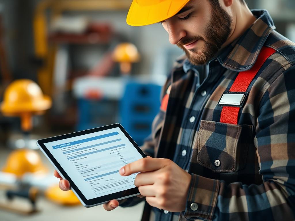 A close up shot of a confident contractor reviewing a