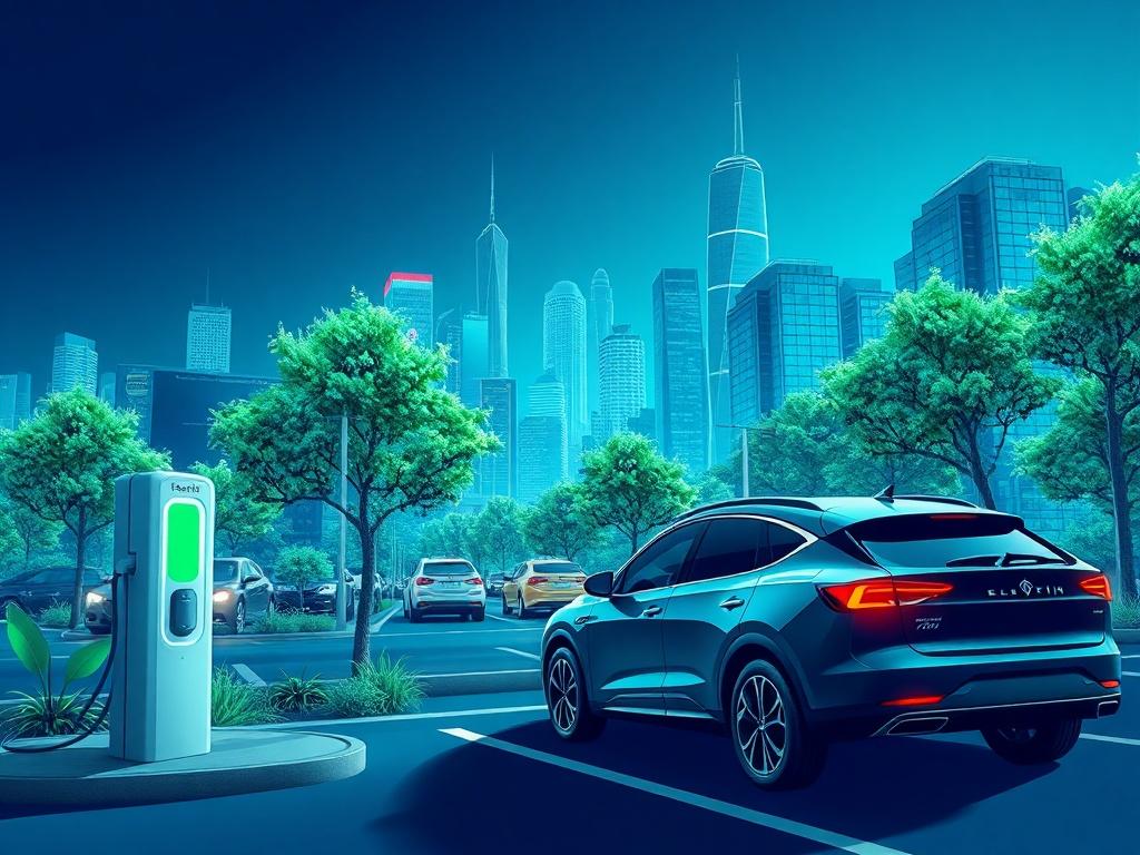 A vibrant cityscape showcasing electric vehicles and green spaces, symbolizing