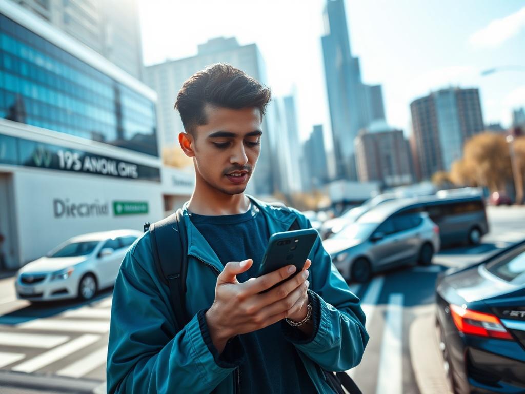 A person using a smartphone in a modern urban setting,