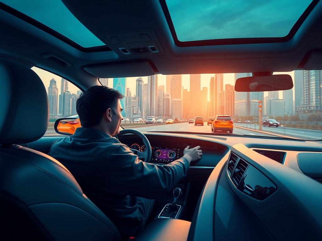 A person happily driving a modern vehicle through a vibrant