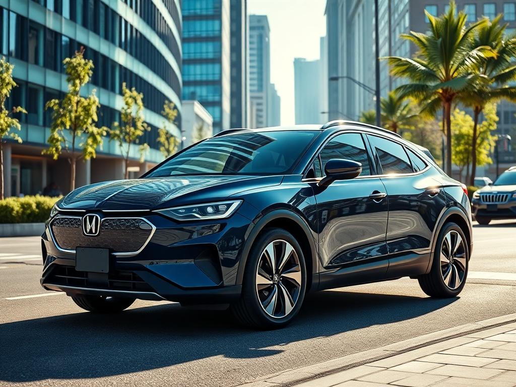 A modern car parked on a city street, showcasing sleek