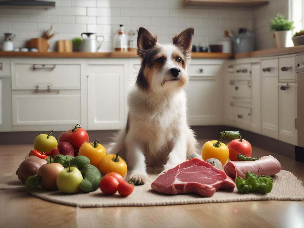 A high-resolution image of a healthy dog sitting on a soft rug, surrounded by fresh ingredients like raw meat, vegetables, and fruits, in a bright and peaceful kitchen setting.