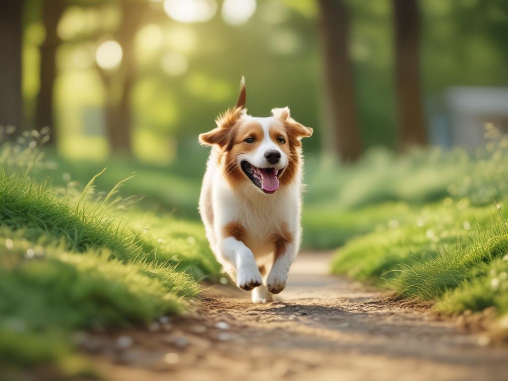 A happy dog running freely in a lush green park,