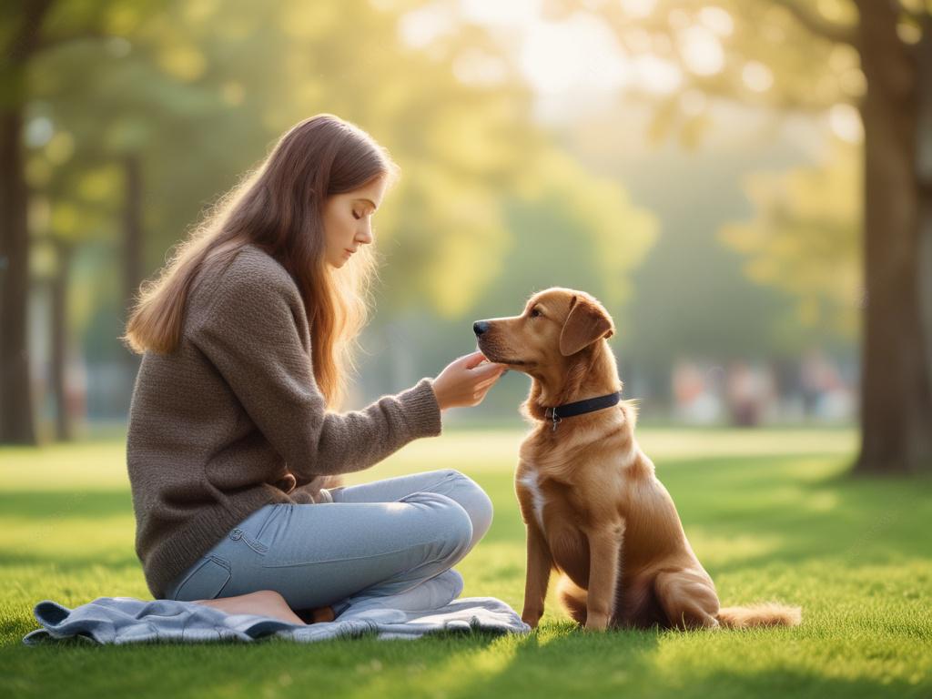 A serene and gentle scene of a dog and its owner sitting together in a peaceful park setting. The dog is a medium-sized breed with a friendly expression, and the owner is a person with a calm demeanor, gently petting the dog. The background features soft green grass and trees, with warm sunlight filtering through the leaves, creating a tranquil atmosphere.