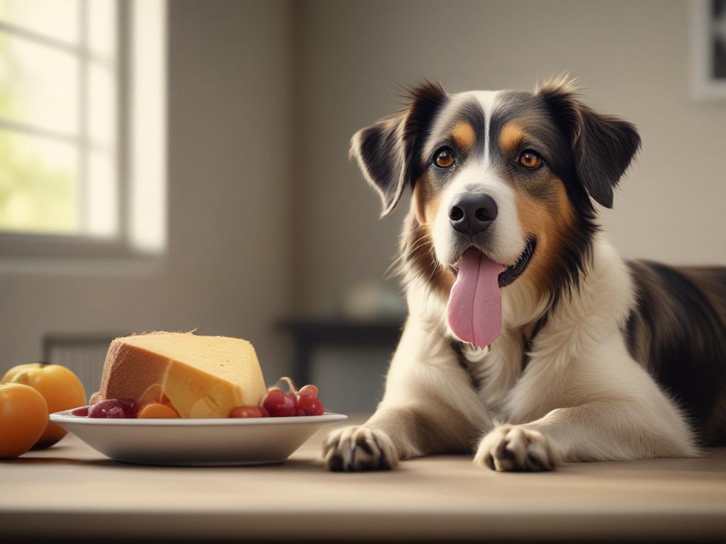 Create a realistic high-resolution image that reflects the theme "Alimentazione Consapevole per il Tuo Cane." The composition should be simple and clear, focusing on a single subject: a happy, healthy dog sitting contentedly on a soft, grassy patch in a serene outdoor setting. The dog, a medium-sized breed such as a Labrador or Golden Retriever, should exhibit a joyful demeanor with its tongue out and a bright expression, symbolizing vitality and well-being.

In the background, include a gentle, softly blur