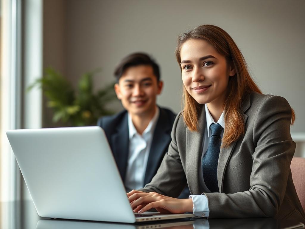 Create a realistic high-resolution photo featuring a confident job seeker in a professional setting, engaged in a mock interview. The subject should be a young adult, dressed in business attire, sitting with a laptop open in front of them. The background should be softly blurred, creating a focused atmosphere that highlights the subject's determination and readiness. Use natural lighting to enhance the professional ambiance.