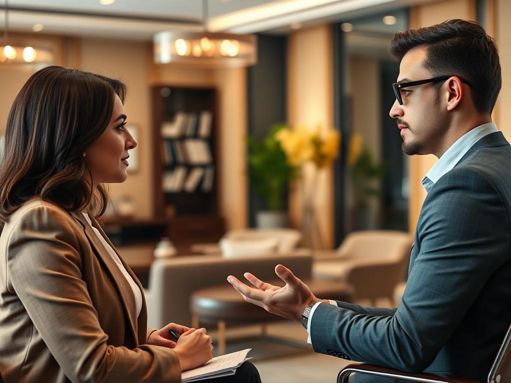 A hyper-realistic close-up shot of a professional career coach engaging with a client during a mock interview session. The setting is an elegant office space with modern decor, showcasing confidence and professionalism. The coach is providing feedback, and the client looks attentive and engaged, reflecting a serious and focused environment. The color scheme is warm and inviting, with soft lighting that highlights the interaction.