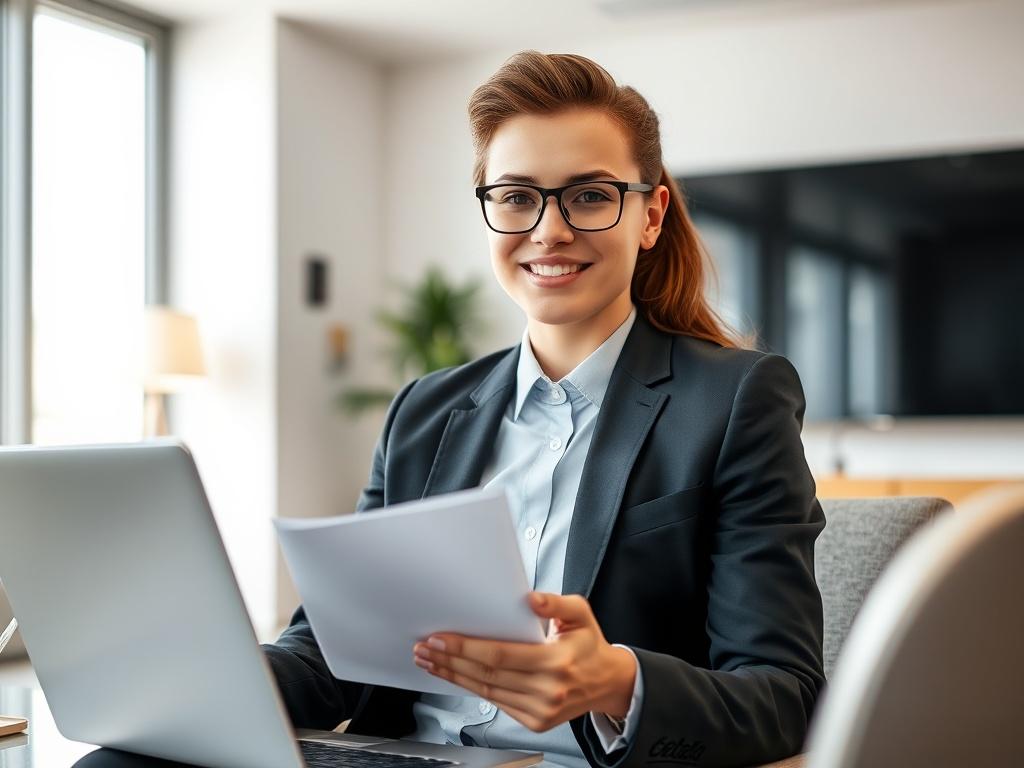 A realistic high-resolution photo of a confident young professional in a smart outfit, engaging in a mock interview setting with a laptop and notes, showcasing determination and focus. The background should be a clean, modern office environment with soft lighting, emphasizing professionalism and readiness. The image should be shot in a hyper-realistic style, close-up, with a 45mm f/1.2 lens effect, ensuring the subject is the main focus.