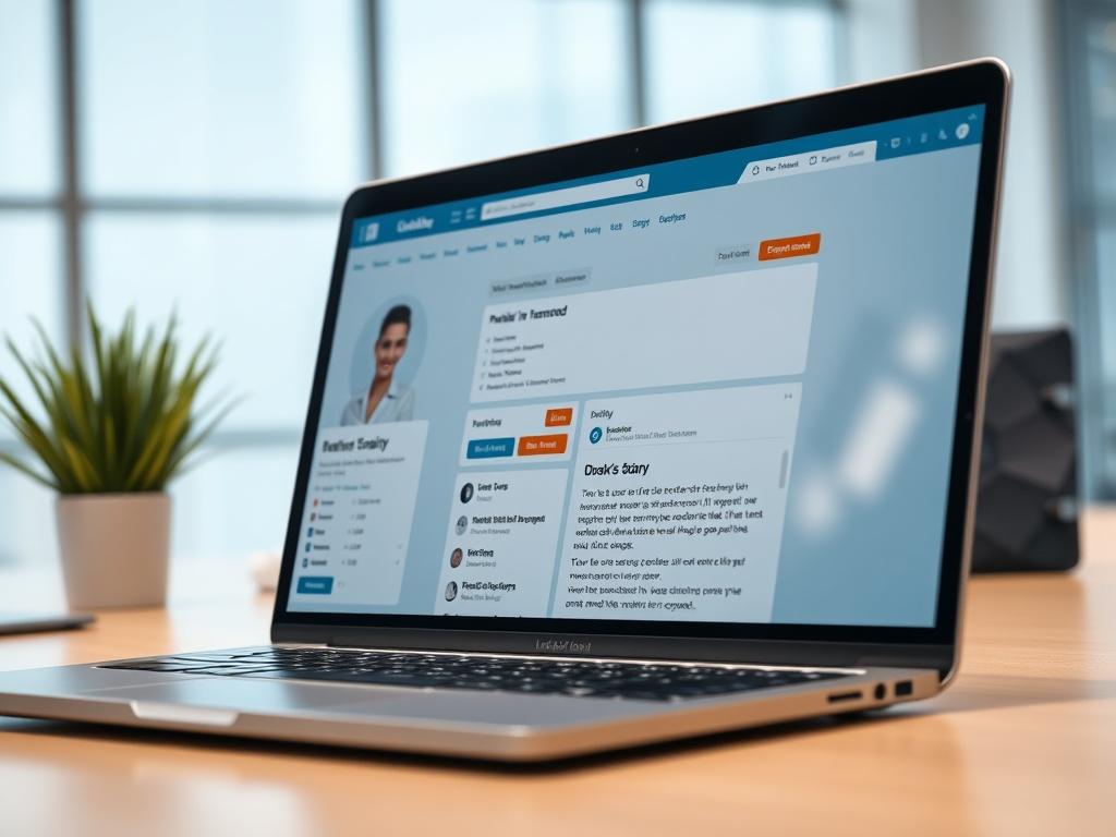 A well-structured LinkedIn profile displayed on a laptop screen, with a professional individual in the background reviewing it. The focus is on the screen's content, highlighting key sections like the profile picture, headline, and summary. The setting is a bright office space, conveying a sense of professionalism and clarity. Shot with a 45mm f/1.2 lens to emphasize the profile details.