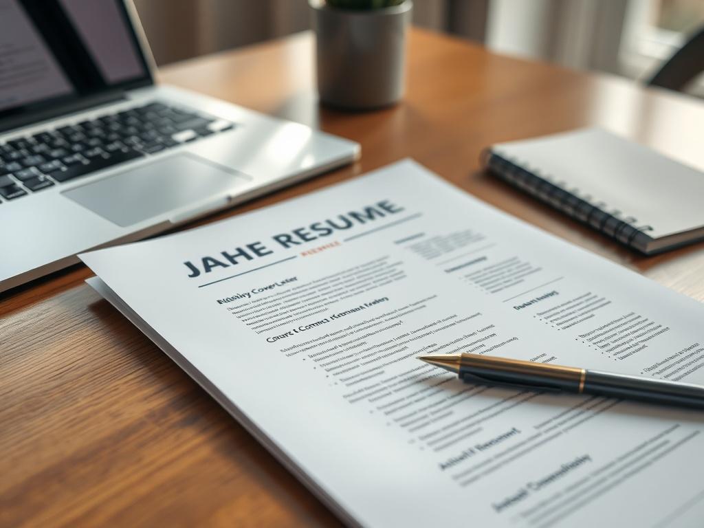A close-up of a resume and cover letter on a desk, surrounded by a laptop, pen, and notebook. The documents are neatly arranged, showcasing their polished design. Soft, natural light illuminates the workspace, creating an inviting and professional atmosphere. The focus is on the details of the resume and cover letter, highlighting the importance of presentation in job applications. Shot with a 45mm f/1.2 lens for a rich depth of field.