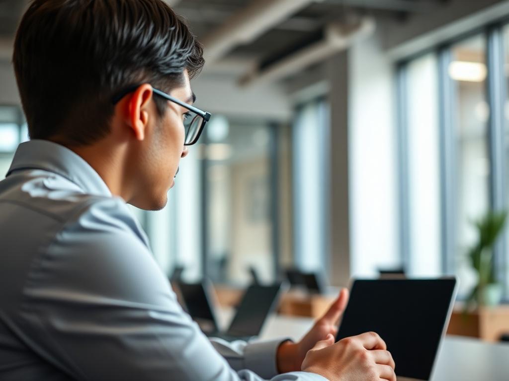 A focused individual practicing interview skills in a modern office setting. The subject is seated at a desk, engaged in a mock interview with a coach. The background features a clean and professional workspace, with soft natural lighting highlighting the subject. The image captures a moment of concentration and confidence, showcasing the importance of interview preparation. Shot with a 45mm f/1.2 lens to create a shallow depth of field.