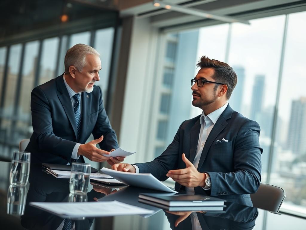 A high-powered business meeting scene, showcasing a professional in a suit discussing strategies with a coach. The environment is sleek and modern, with a large conference table and a cityscape view in the background. The focus is on the dynamic interaction between the coach and the professional, emphasizing ambition and career growth.