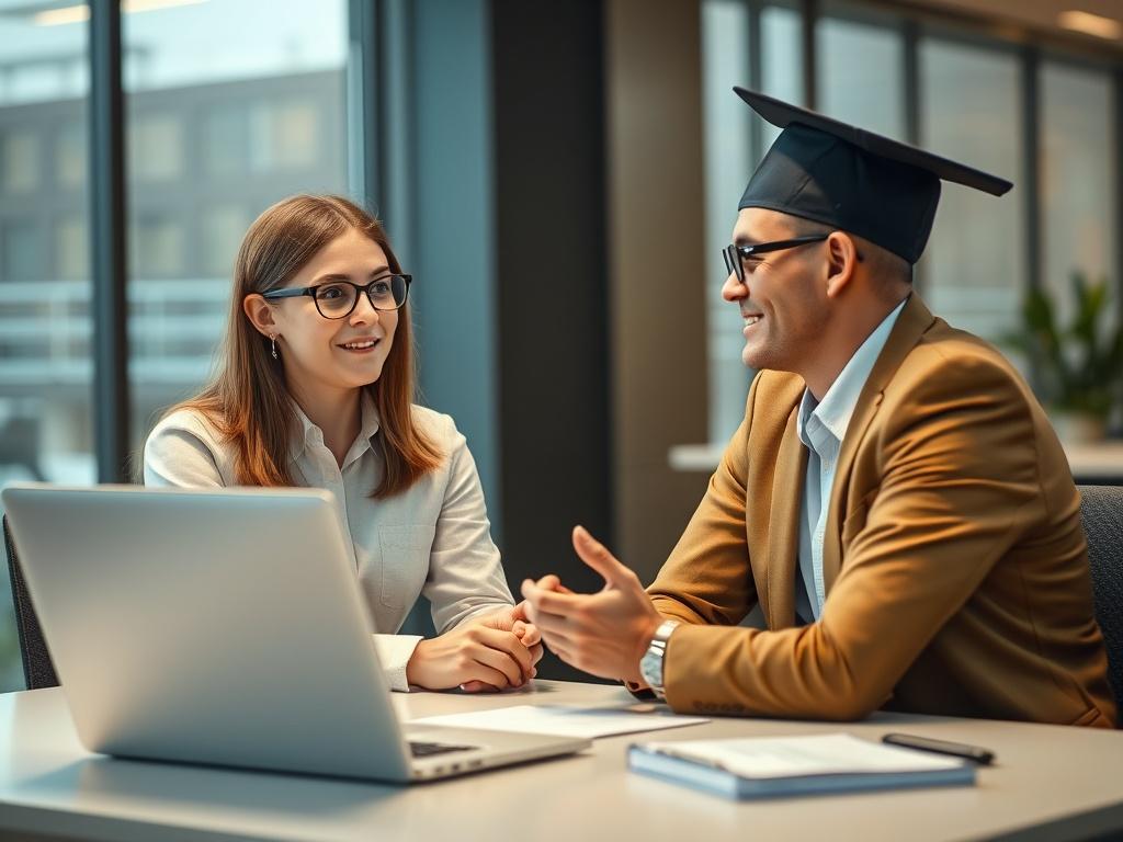 A professional setting featuring a confident young graduate sitting across from a career coach in a modern office. The coach is engaging and supportive, with a laptop and papers on the desk. The background is softly blurred, conveying a warm and inviting atmosphere. The focus is on the interaction between the two individuals, showcasing a moment of guidance and empowerment.