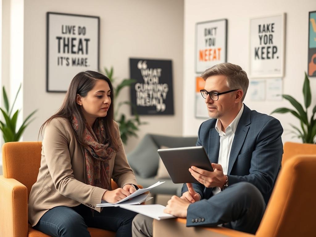 A professional coach conducting a mock interview with a client in a bright, well-lit office. The client appears engaged and focused, taking notes while the coach provides constructive feedback. The background features motivational posters and a comfortable seating area, creating an atmosphere of growth and learning. The coach is using a tablet to demonstrate key points.