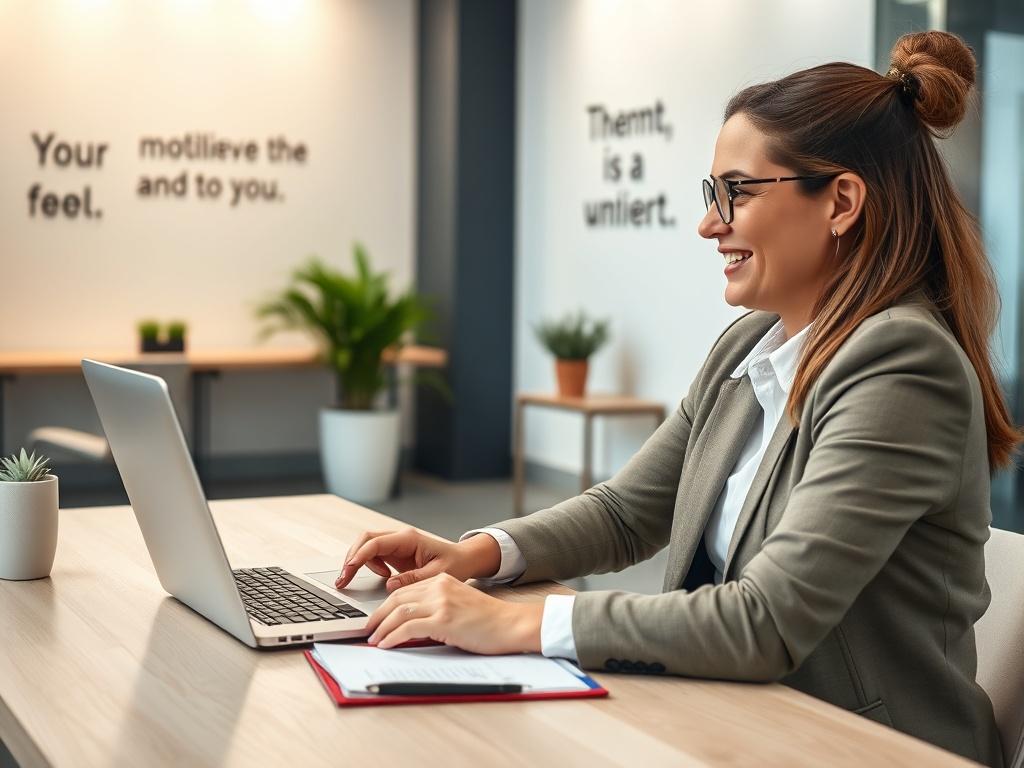 A close-up shot of a professional career coach sitting at a desk with a laptop and notepad, engaged in a video call with a client. The background features a modern office setting with soft lighting and motivational quotes on the walls. The coach is smiling and actively listening, conveying a sense of trust and support. The image should have hyper-realistic details, emphasizing the connection between the coach and client.
