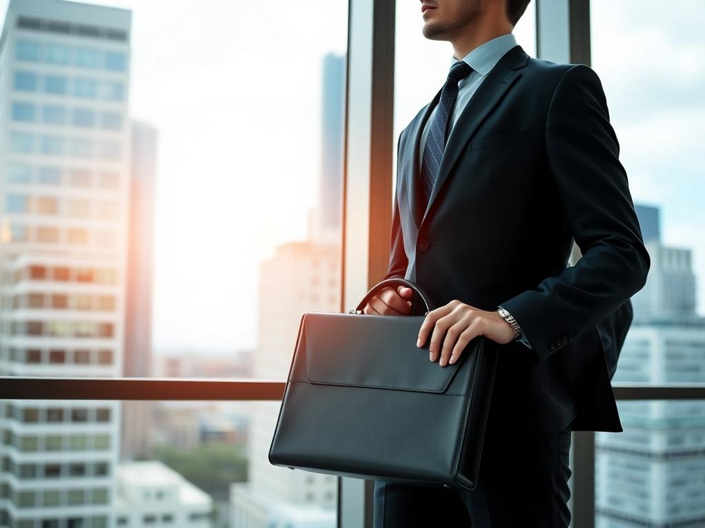 A confident professional in a business suit, standing in front of a large window with city views, holding a briefcase. The individual is looking out, projecting ambition and readiness for new opportunities. The atmosphere is modern and dynamic, with a sense of forward motion. The primary color theme subtly incorporates rgb(50, 170, 39).
